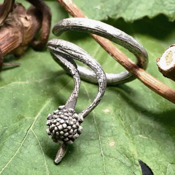 sterling silver grapevine tendril ring with pod